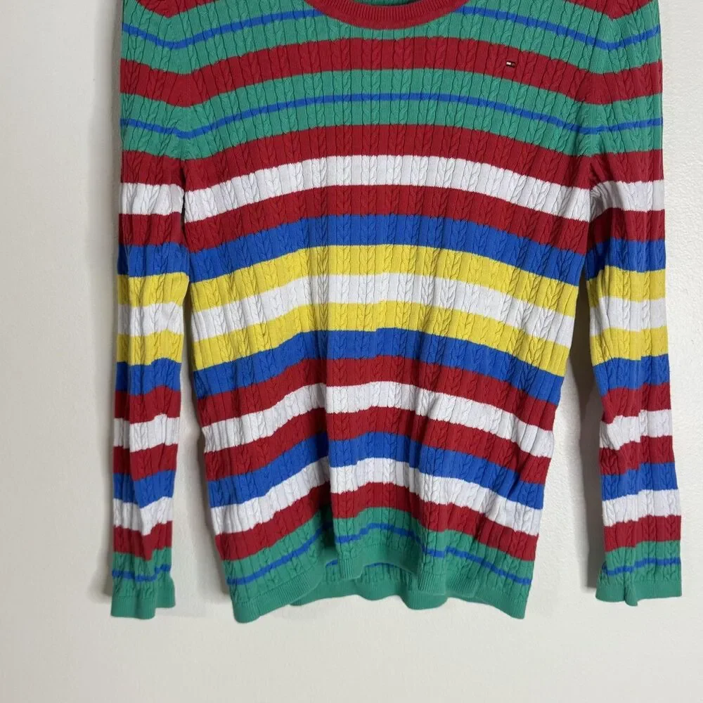 Tommy Hilfiger Sweater Womens Large Multicolor Striped Cable Knit Pullover Crew - Picture 4 of 9